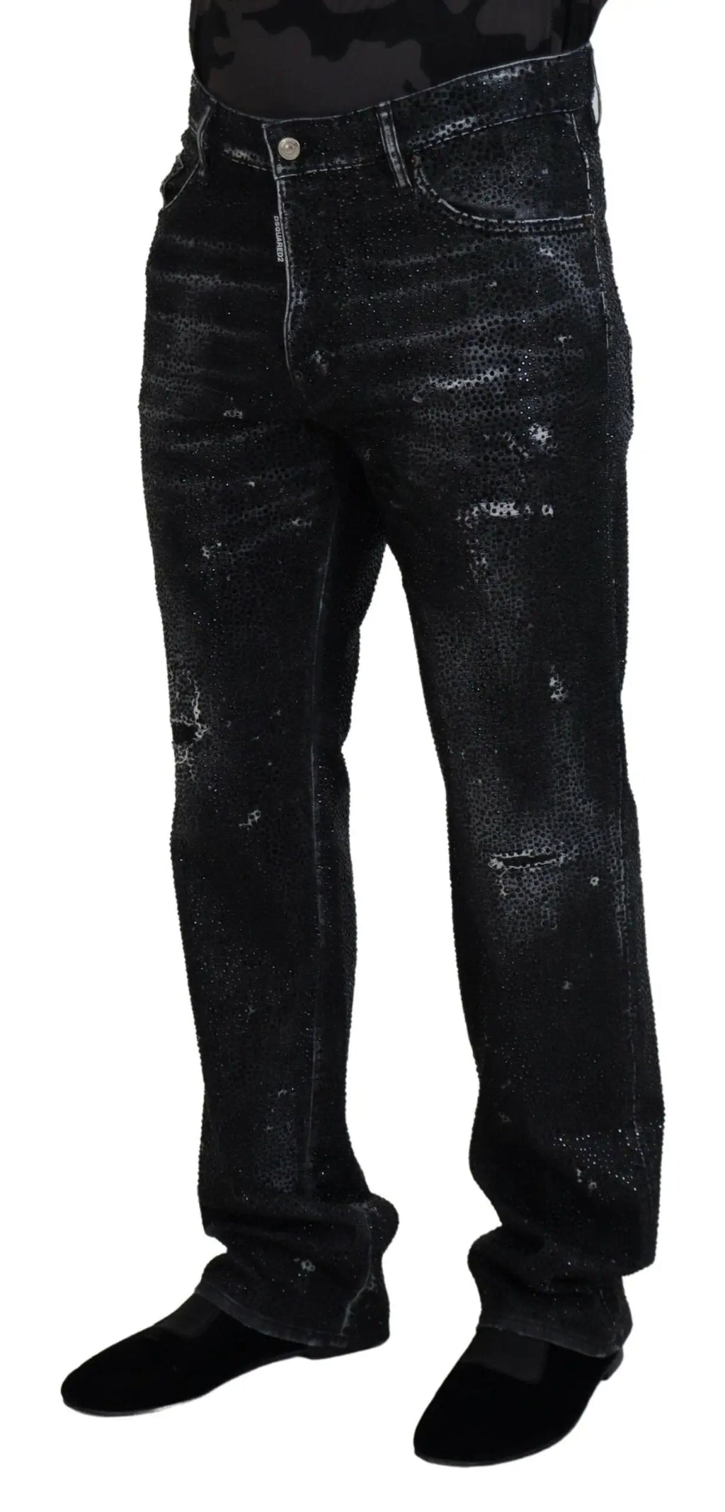 Jean noir distressed en denim dsquared² crystal avec look usé et taches blanches subtiles