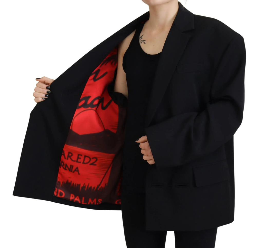 Veste blazer noire dsquared² double boutonnage avec doublure graphique rouge et noire texte dred2 california
