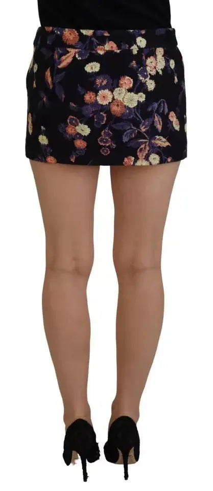 Dsquared² jupe mini noire taille mi-haute avec broderies florales orange jaune et blanc sur tissu sombre