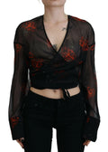 Dsquared² blouse noire en voile avec imprimé floral rouge et manches longues croisée et courte
