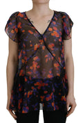 Blouse dsquared² noire en voile à imprimé floral orange et violet avec manches courtes volantes et col v