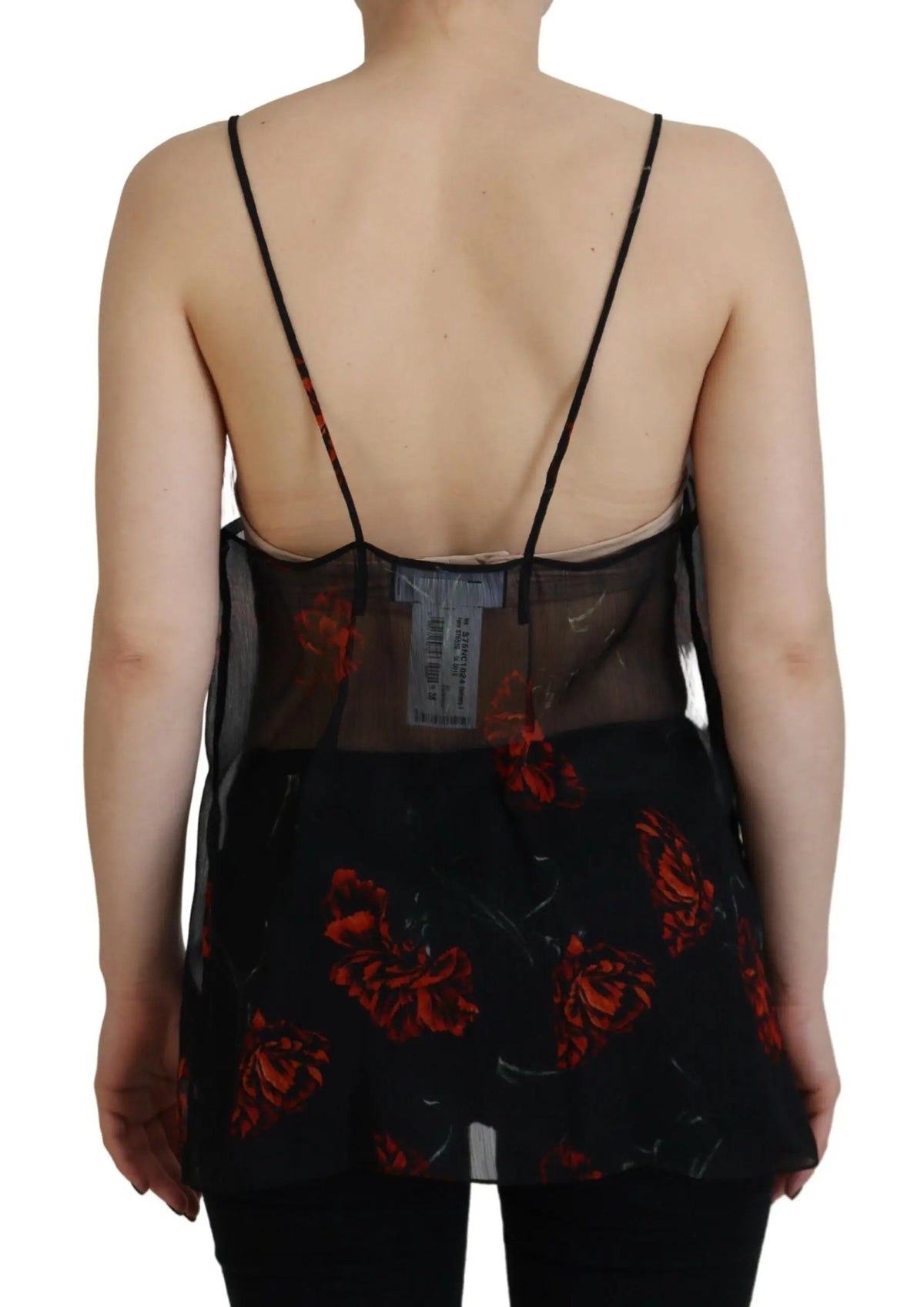Dsquared² débardeur noir en tulle transparent à imprimé floral avec fines bretelles spaghetti