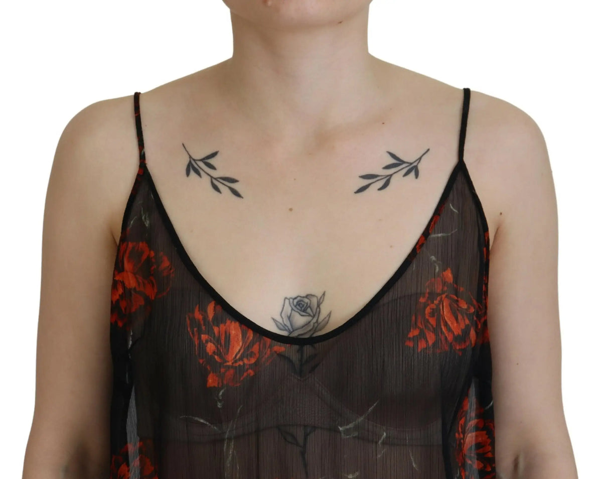 Dsquared² débardeur noir en tissu transparent à fleurs rouges avec fines bretelles spaghetti