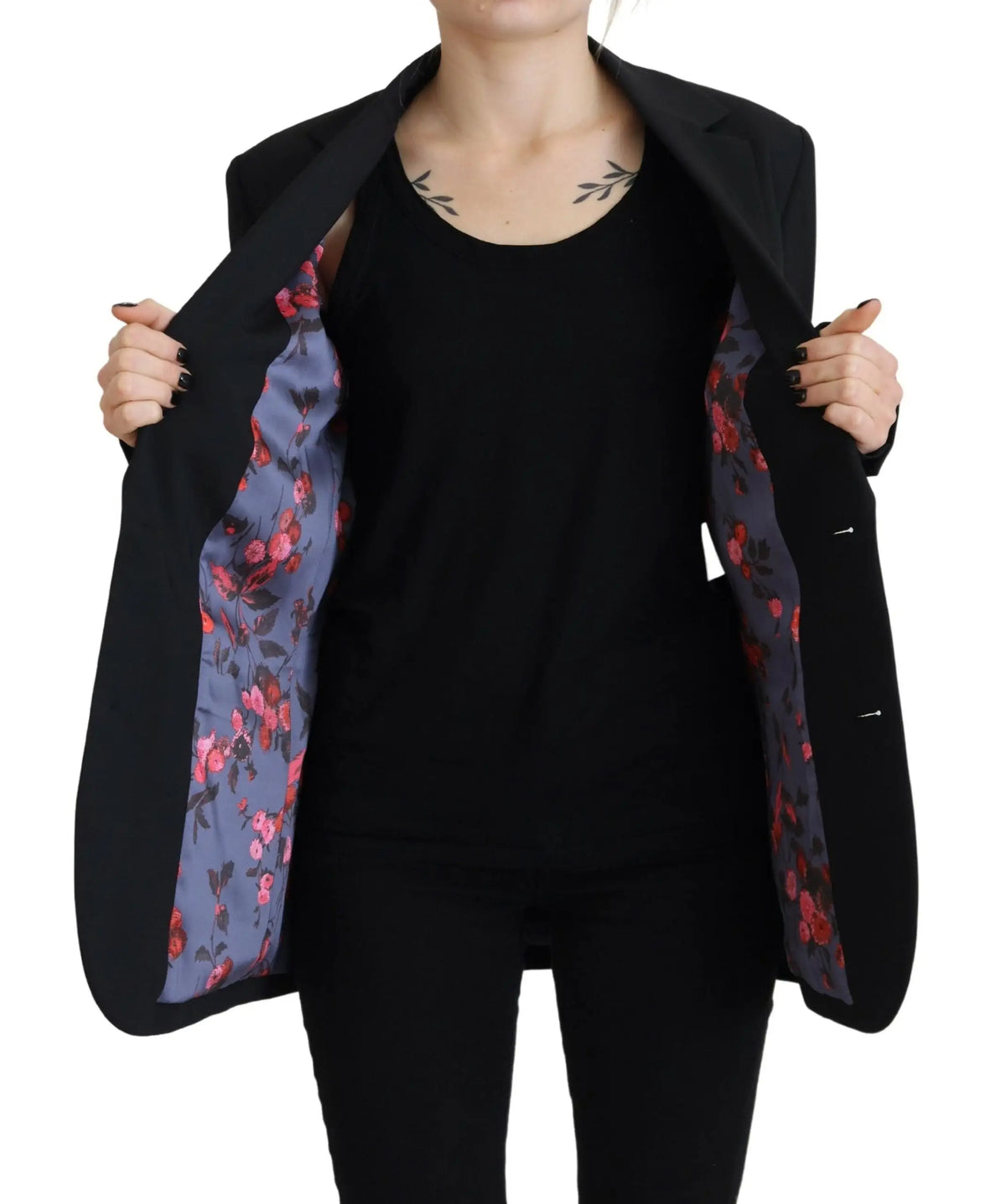Blazer Dsquared² noir single boutonnage avec doublure florale en tons roses et bleus