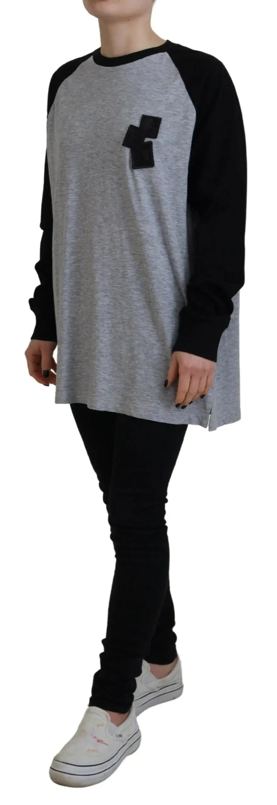 Tee raglan à manches longues dsquared² noir et gris en coton avec patch géométrique sur la poitrine