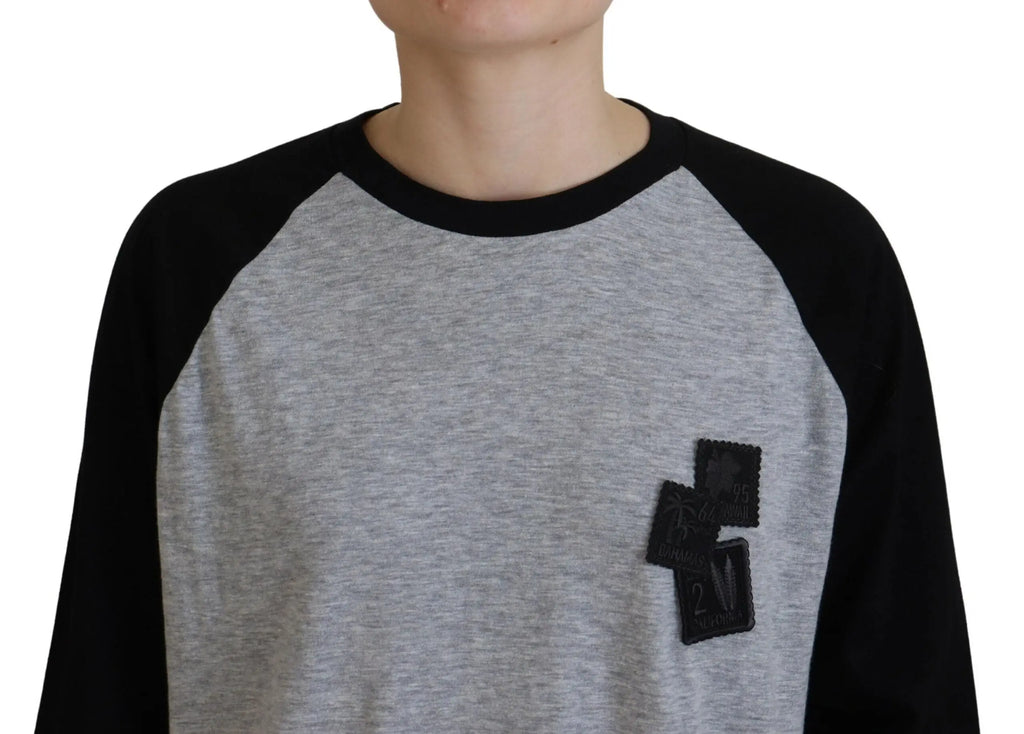 Sweatshirt dsquared² noir et gris en coton à manches raglan avec tissu texturé et trois badges noirs empilés sur la poitrine