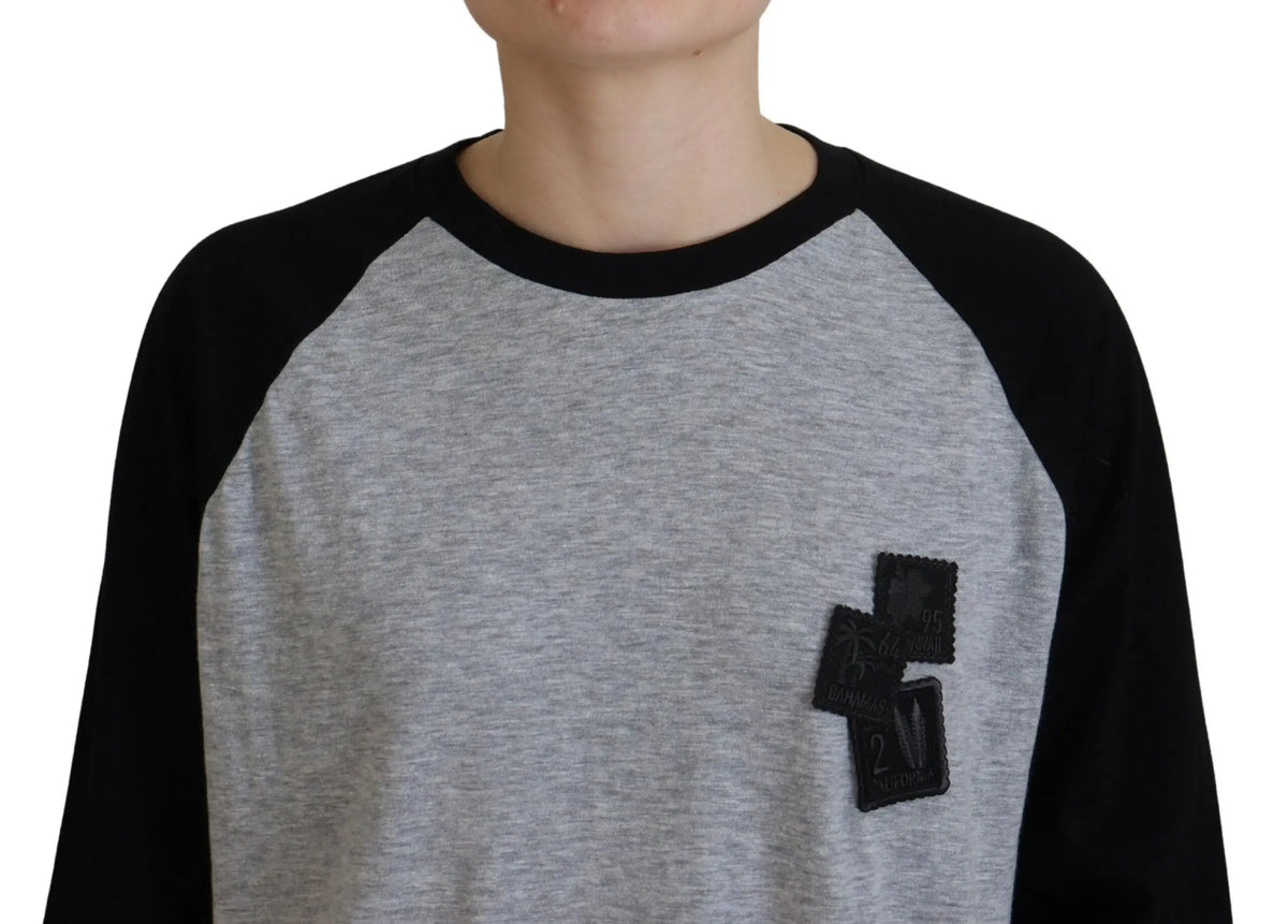 Sweatshirt dsquared² noir et gris en coton à manches raglan avec tissu texturé et trois badges noirs empilés sur la poitrine