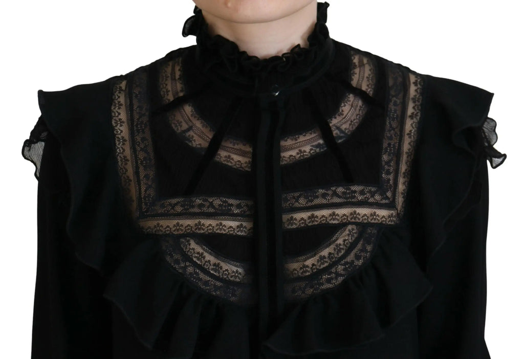 Blouse noire dsquared² à col roulé avec dentelle fine et manches longues volantées