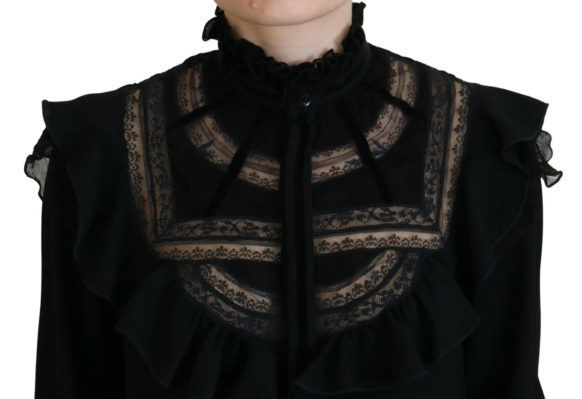 Blouse noire dsquared² à col roulé avec dentelle fine et manches longues volantées