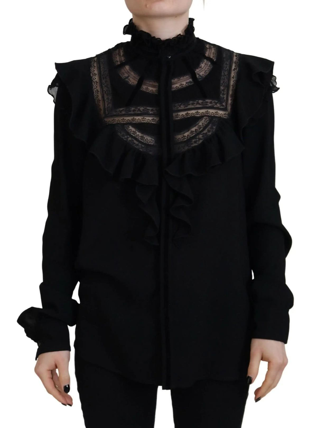 Blouse noire dsquared² à manches longues avec col roulé en dentelle et col à volants