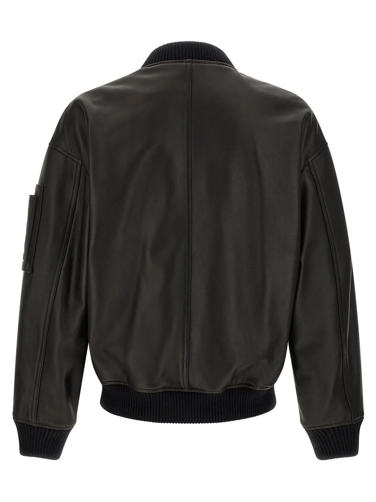 Veste en cuir noire dsquared² bomber avec col, poignets et ourlet en maille côtelée