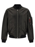 Veste en cuir noire Dsquared² bomber avec col et poignets côtelés fermeture éclair argentée et bande rouge sur la manche gauche