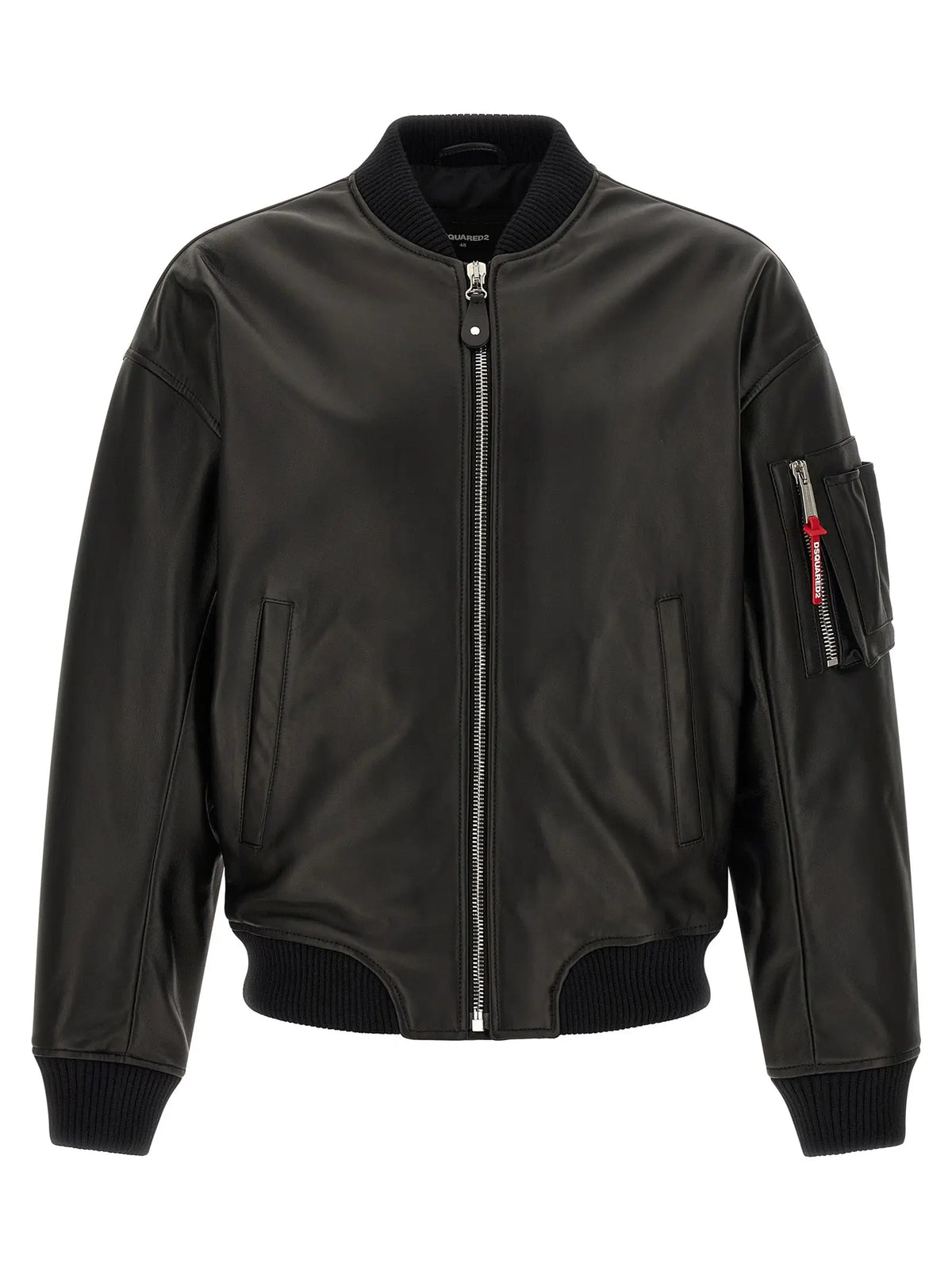 Veste en cuir noire Dsquared² bomber avec col et poignets côtelés fermeture éclair argentée et bande rouge sur la manche gauche