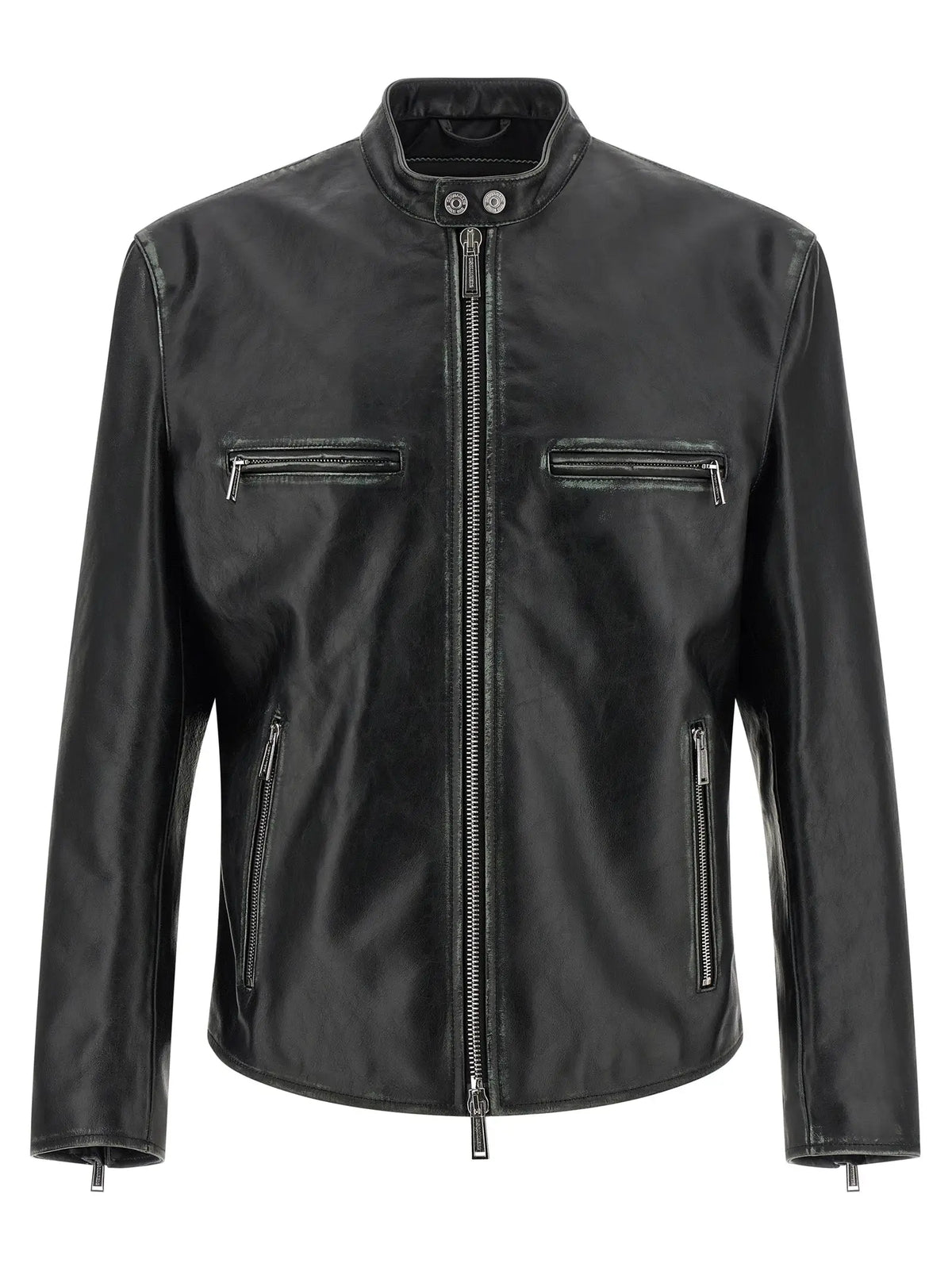 Veste en cuir noire dsquared² avec fermetures éclair argentées et boutons-pression au col