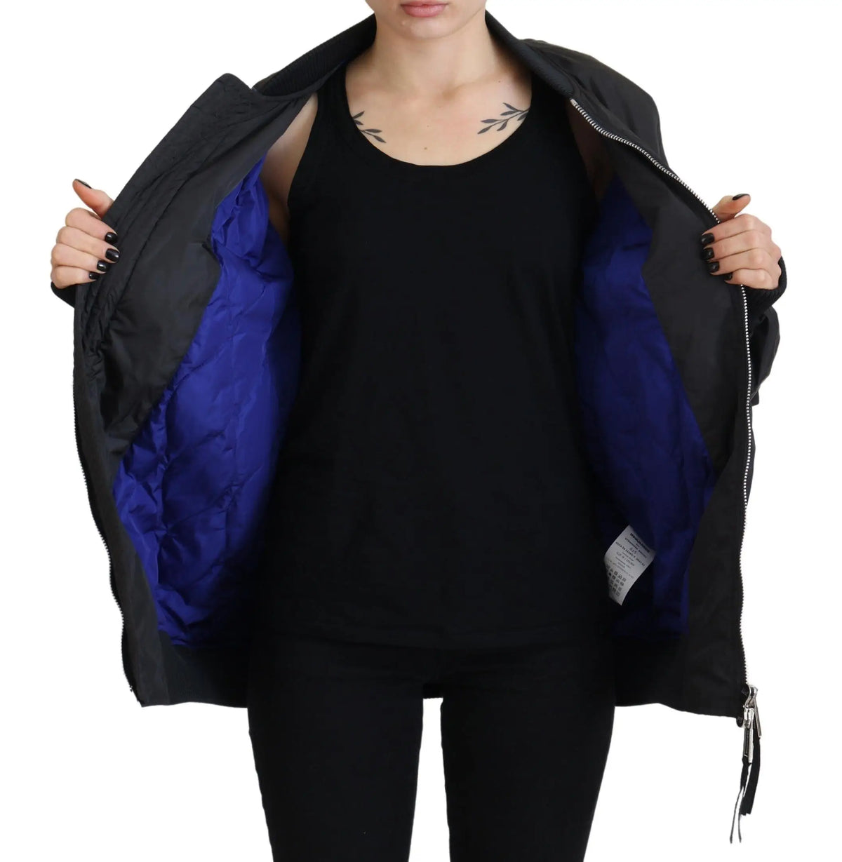 Veste bomber femme dsquared² noir avec fermeture éclair intégrale et doublure intérieure bleue vibrante