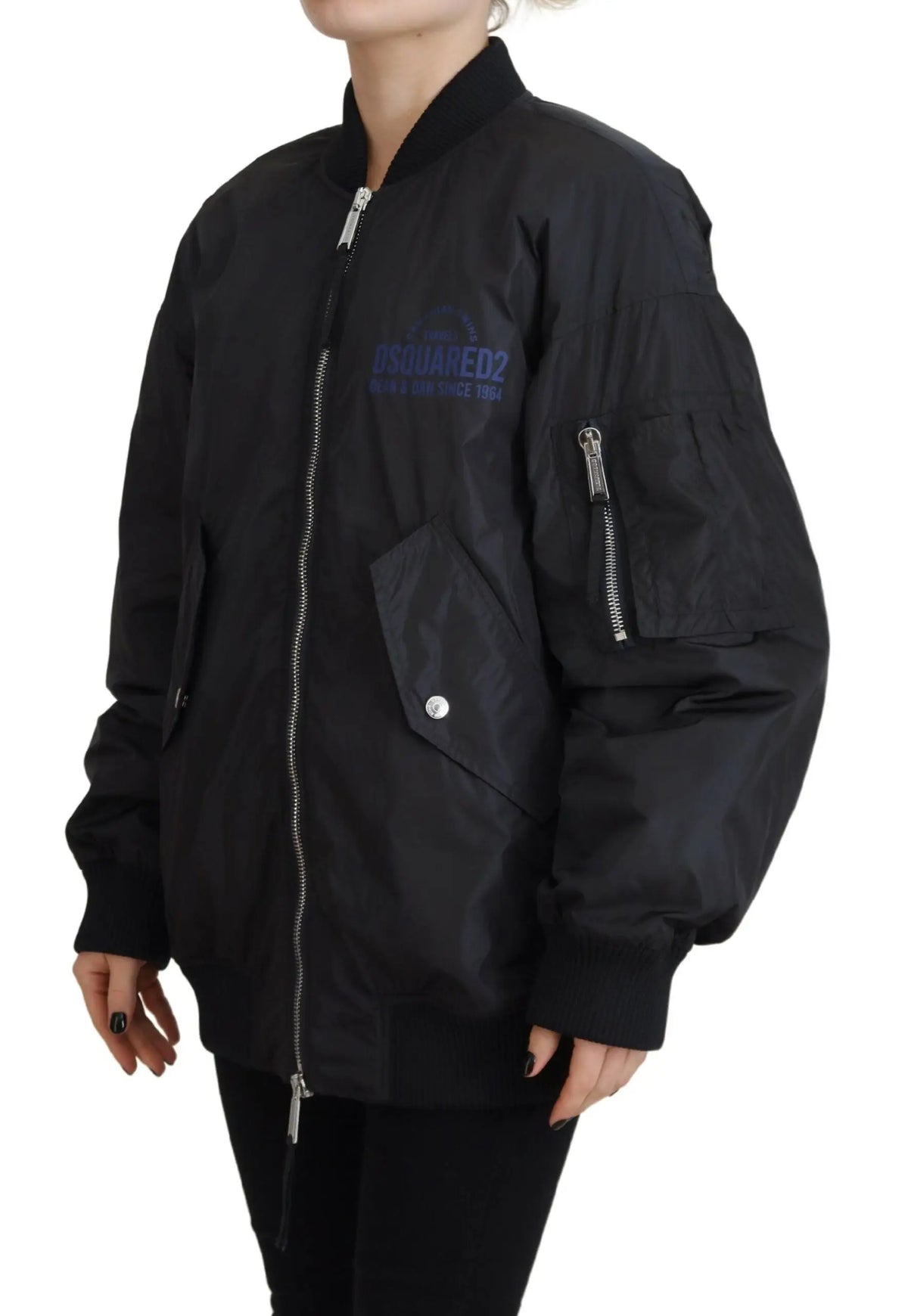 Veste bomber femme dsquared² noire avec fermeture éclair argentée et logo bleu subtil sur la poitrine