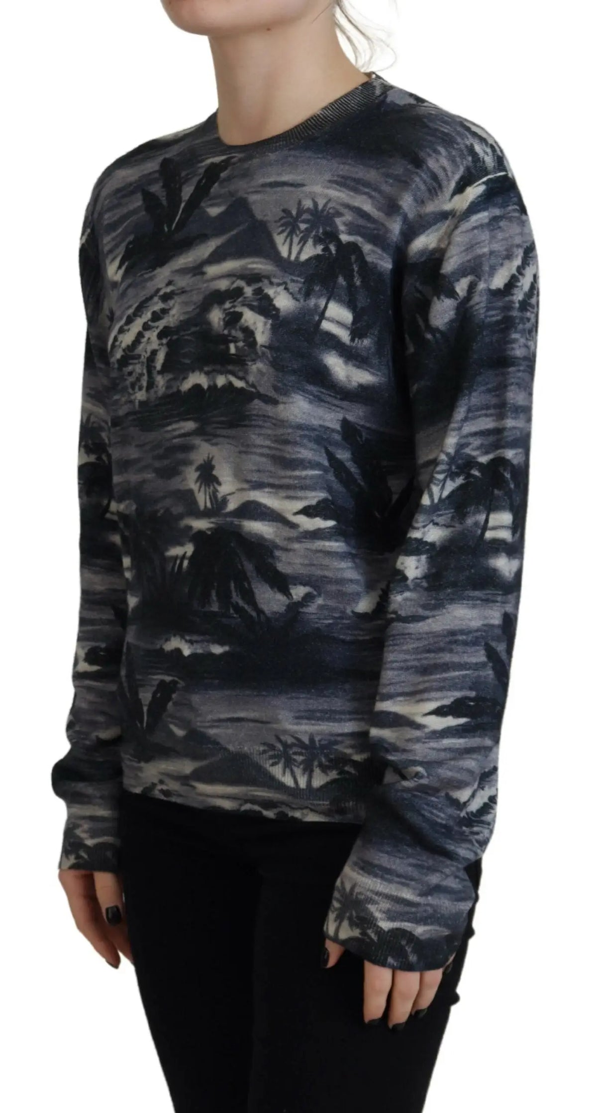 Dsquared² sweat-shirt noir à manches longues avec imprimé tropical de palmiers et montagnes gris pour un style décontracté