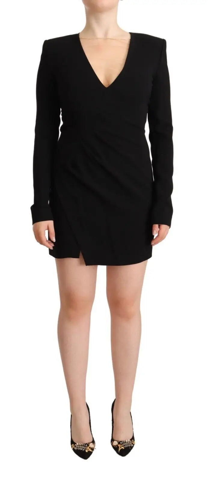 Robe noire Dsquared² à manches longues mini avec décolleté plongeant et épaules structurées en tissu ajusté