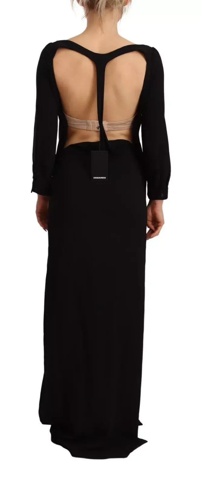 Vue de dos de la robe Dsquared² noire longue à manches longues avec découpe ouverte et bretelles en maille transparente