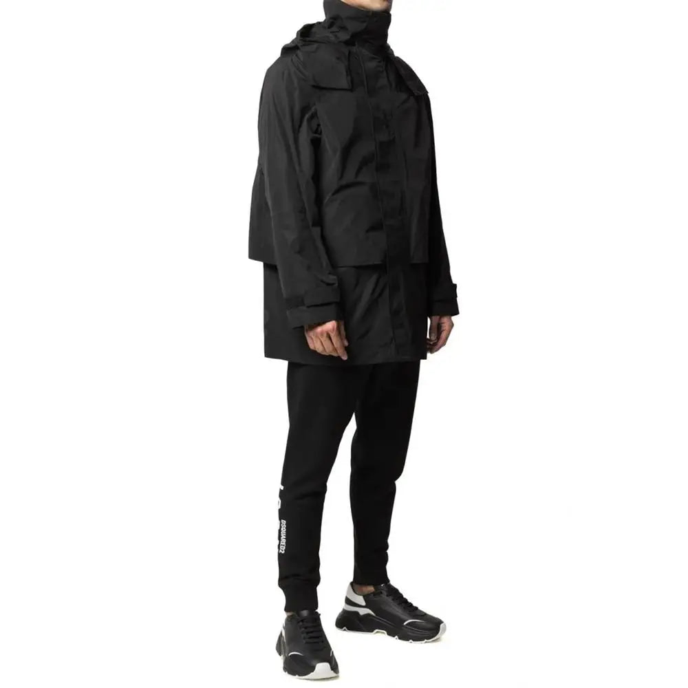 Dsquared² veste noire en nylon avec design utilitaire structuré et multiples poches à rabat en trench à capuche