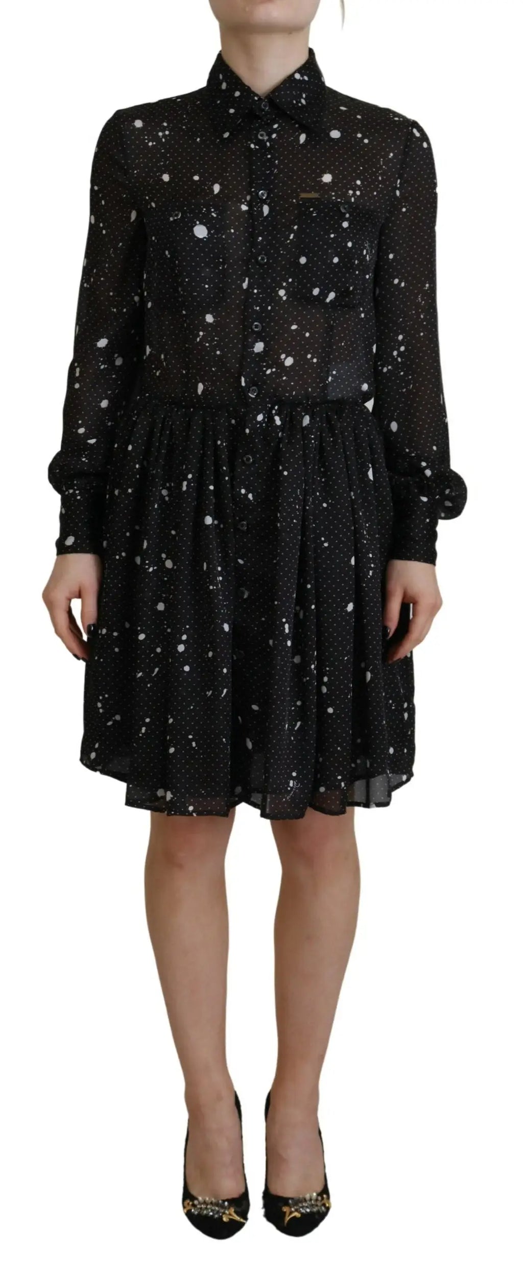 Robe dsquared² noire à pois blancs avec manches longues transparentes boutonnée devant et jupe évasée
