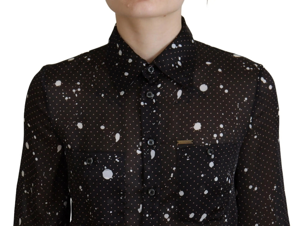 Dsquared² robe boutonnée à manches longues noire à pois avec motif éclaboussures blanches en tissu transparent