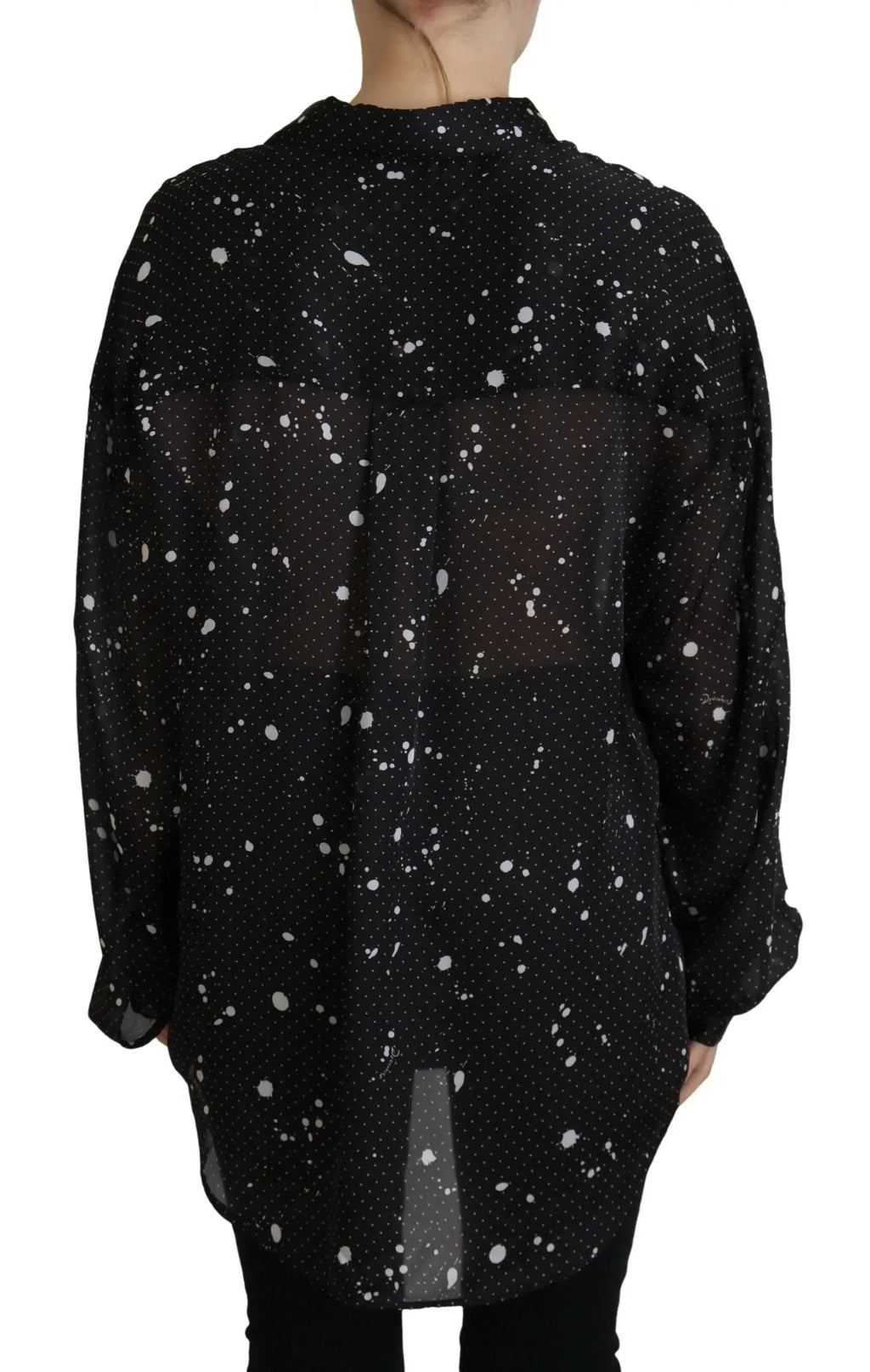 Blouse noire Dsquared² en mousseline transparente à pois blancs avec col et boutons devant