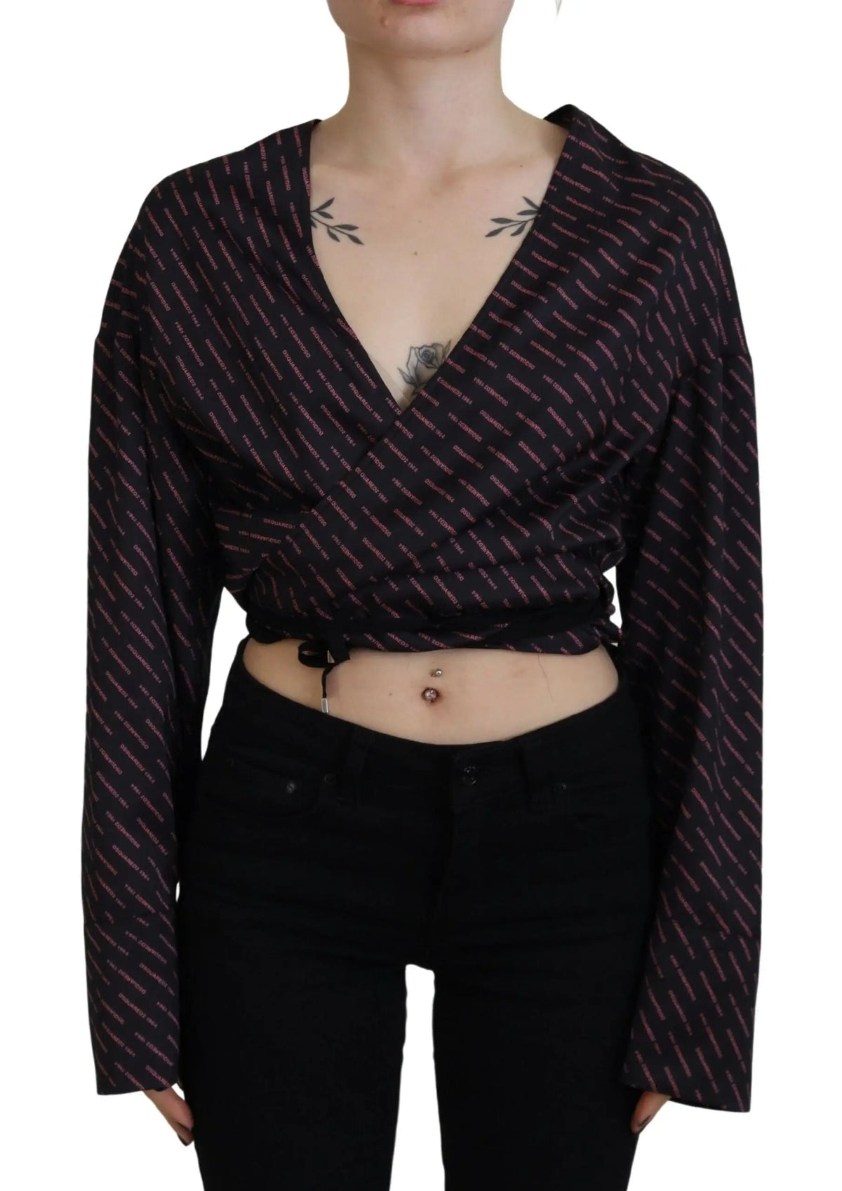 Dsquared² blouse noire en polyester cropped avec logo imprimé et fines rayures diagonales roses