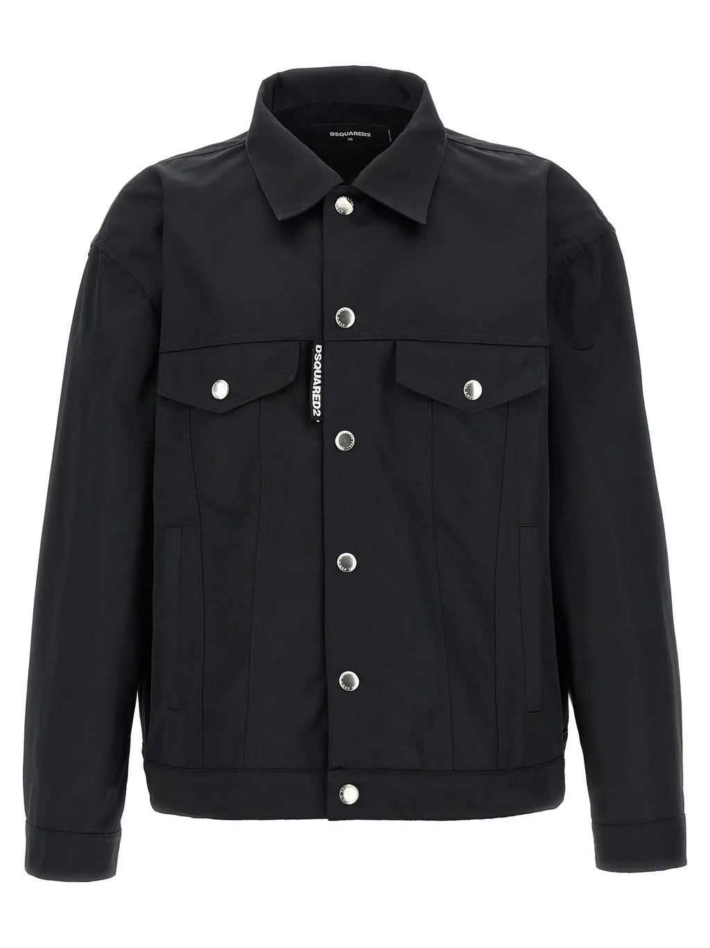 Veste noire dsquared² en polyester pleine longueur avec boutons argentés et patches de marque sur les poches poitrine