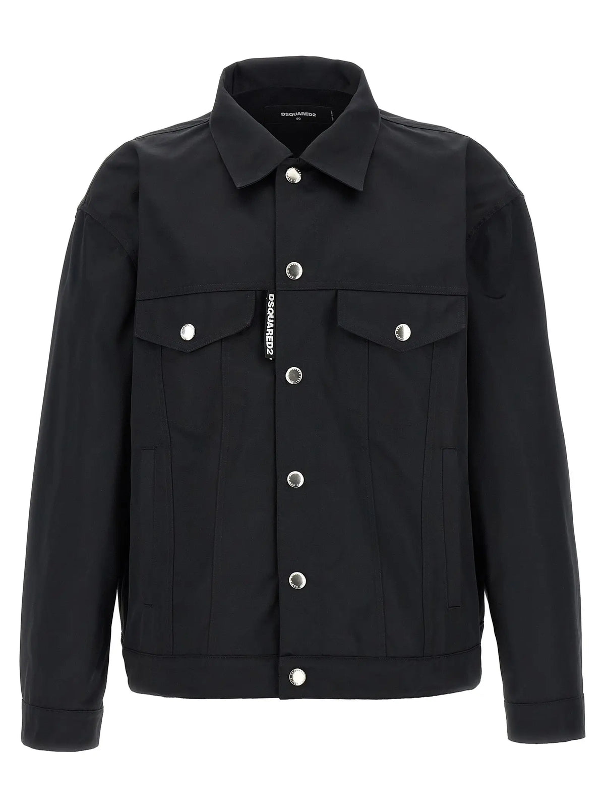 Veste noire dsquared² en polyester pleine longueur avec boutons argentés et patches de marque sur les poches poitrine
