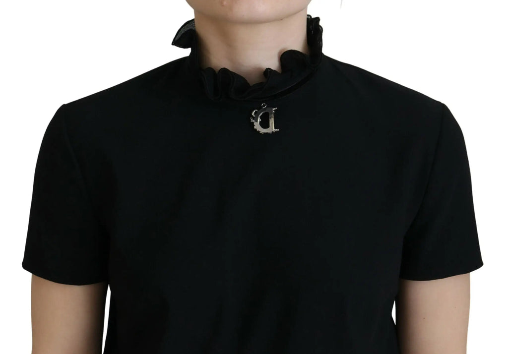 Broche en d argentée ornée de filigrane sur col noir à volants de la robe mini fourreau manches courtes en polyester dsquared²