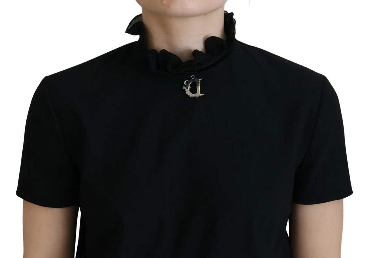 Broche en d argentée ornée de filigrane sur col noir à volants de la robe mini fourreau manches courtes en polyester dsquared²