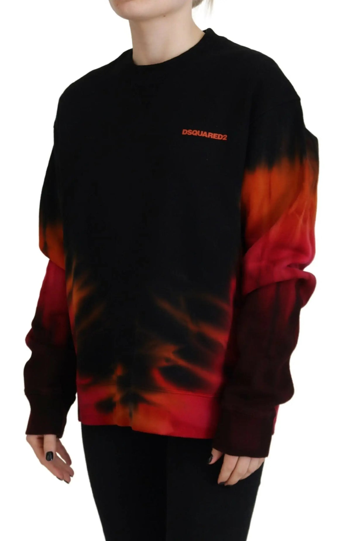 Sweatshirt femme dsquared² noir à manches longues avec dégradé tie dye rouge feu et orange élégant