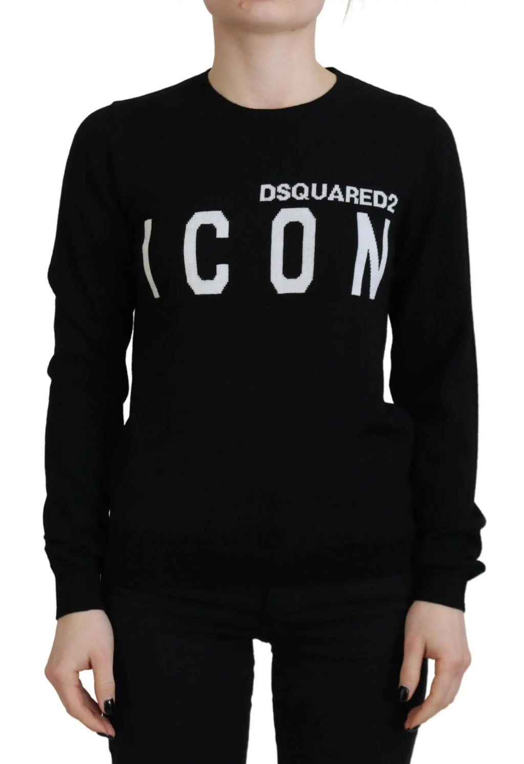 Pull dsquared² noir en laine vierge avec manches longues et logo icon blanc imprimé sur la poitrine