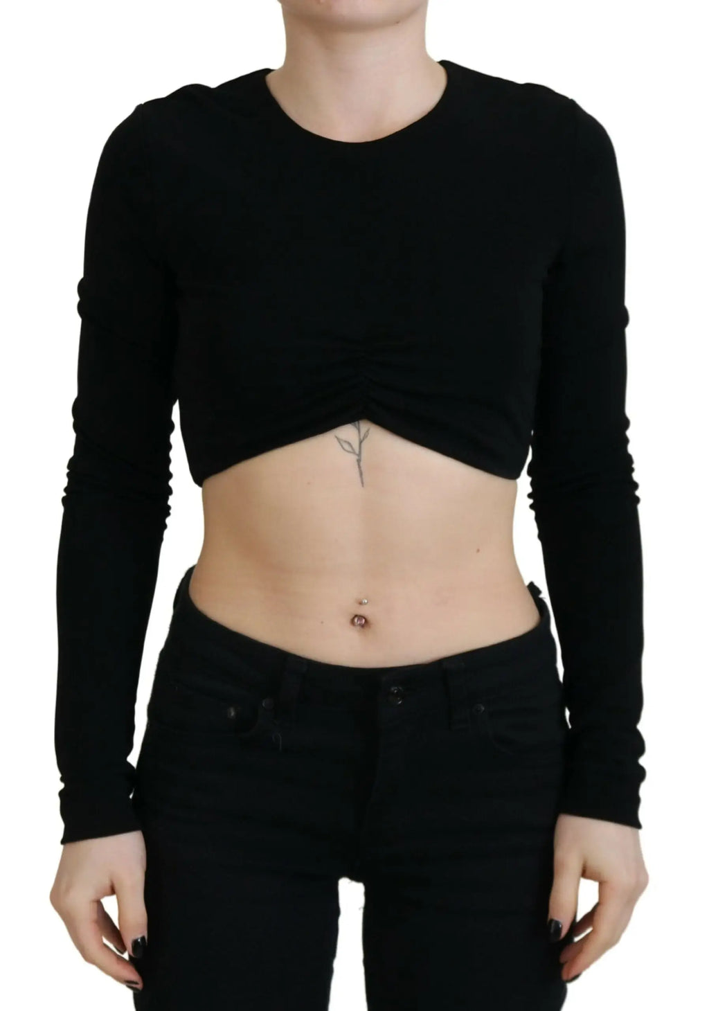 Top court noir en viscose Dsquared² à manches longues avec encolure ronde et fronces sur le devant