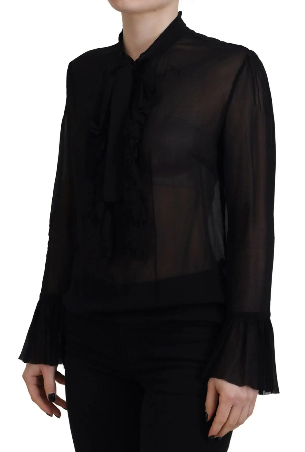Blouse noire en viscose dsquared² transparente à manches longues avec col noué et poignets évasés