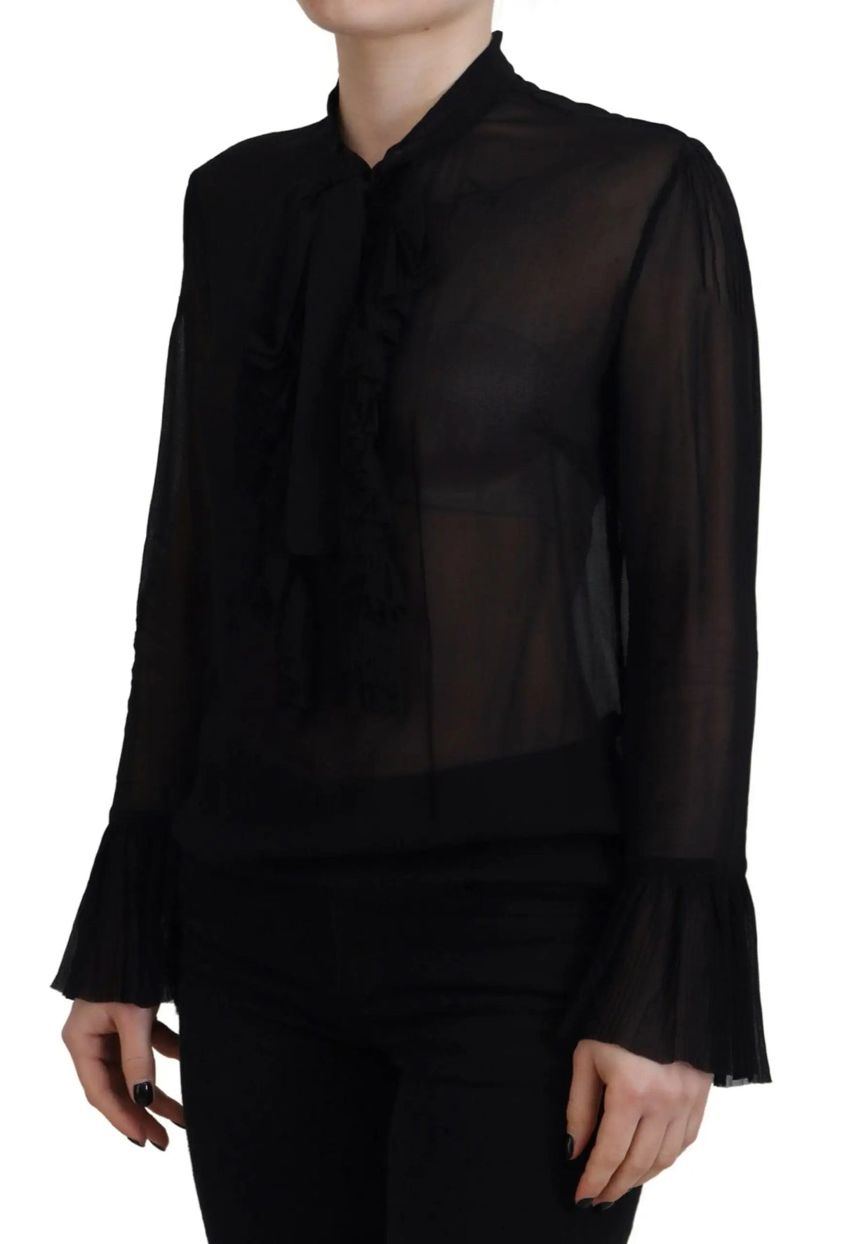 Blouse noire en viscose dsquared² transparente à manches longues avec col noué et poignets évasés
