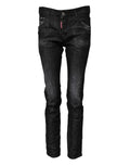 Jeans skinny noirs mid waist en coton délavé avec effet usé et étiquette dsquared2 visible à la taille