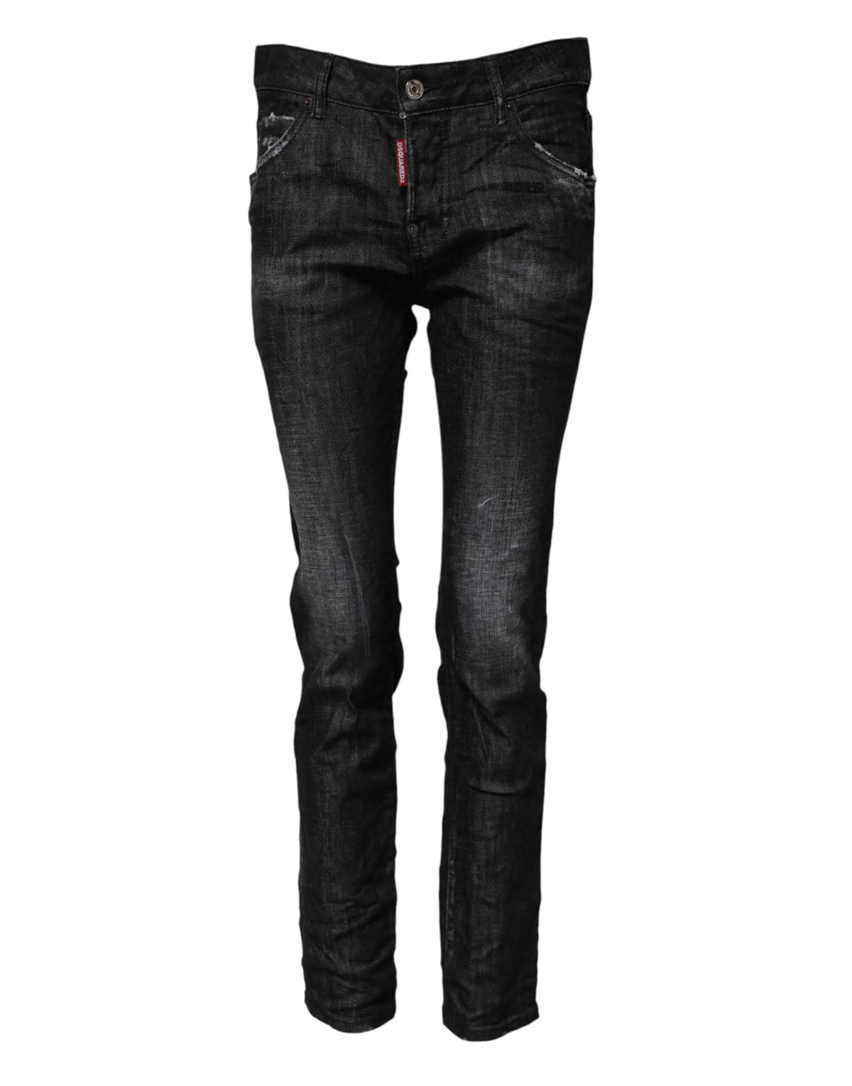 Jean slim noir délavé en coton mi taille avec effets usés et étiquette dsquared2 sur la ceinture