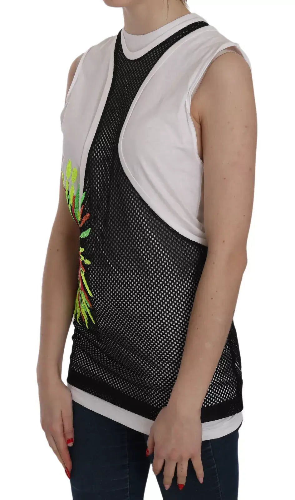 Dsquared² black white cotton sleeveless blouse with mesh panels and neon floral graphic on the side
