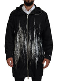 Manteau long noir dsquared² en nylon avec capuche et motif éclaboussures blanches audacieuses sur le devant