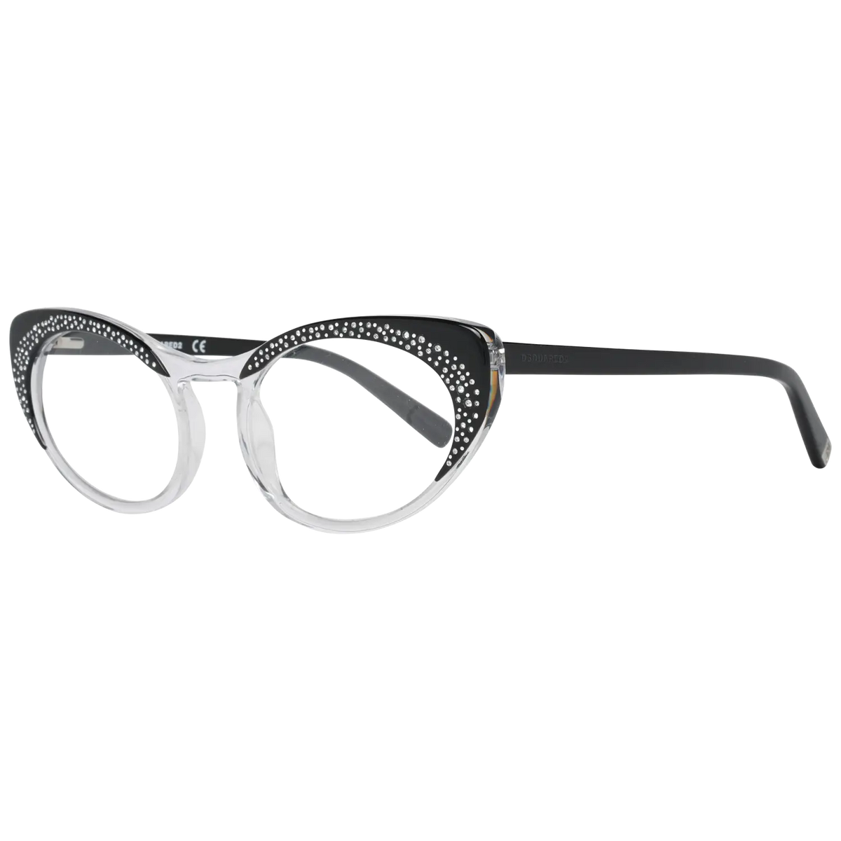 Lunettes dsquared² noires pour femmes avec monture œil-de-chat transparente et strass scintillants sur le cadre supérieur
