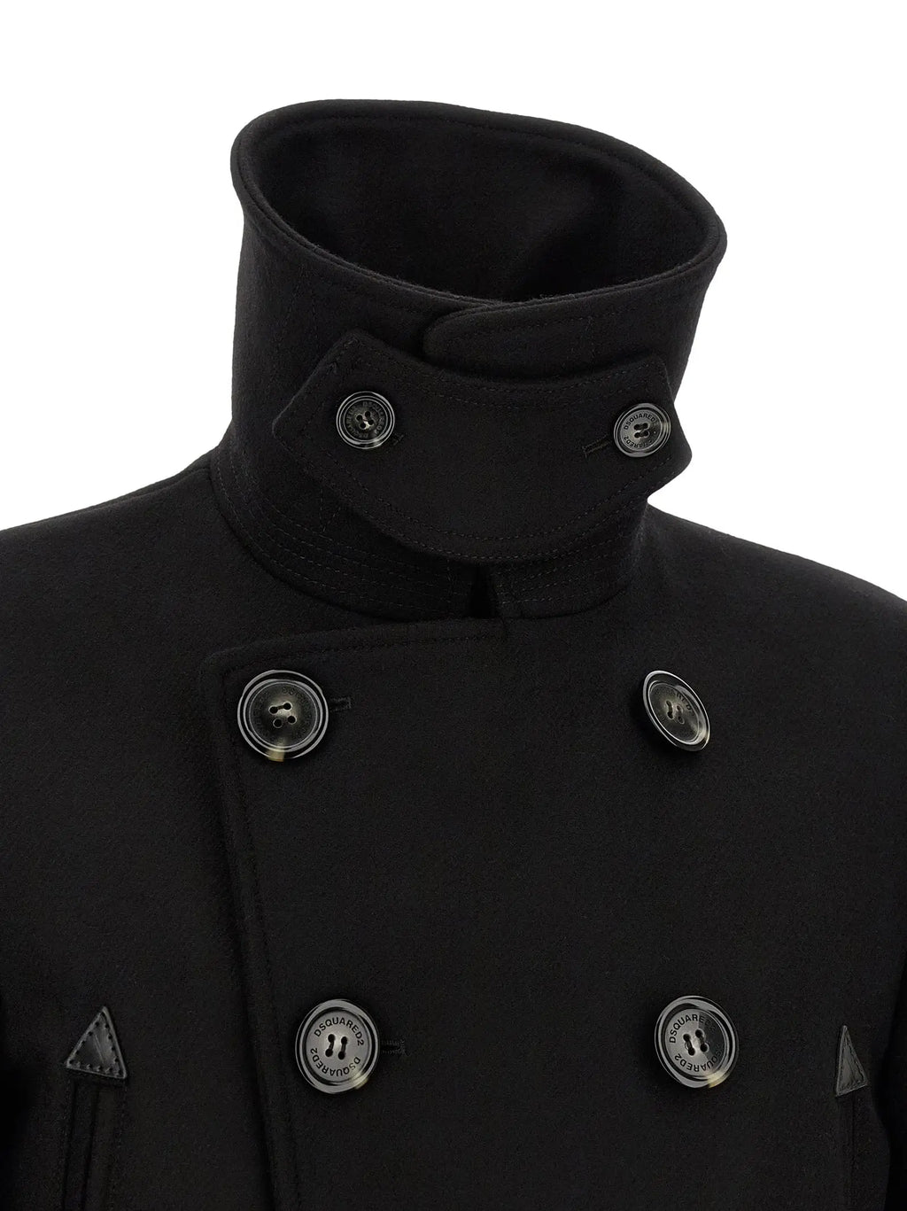 Manteau noir en laine dsquared² à double boutonnage avec col montant et boutons argentés avec logos triangulaires