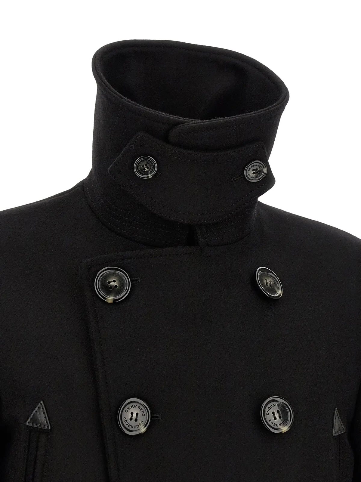 Manteau noir en laine dsquared² à double boutonnage avec col montant et boutons argentés avec logos triangulaires