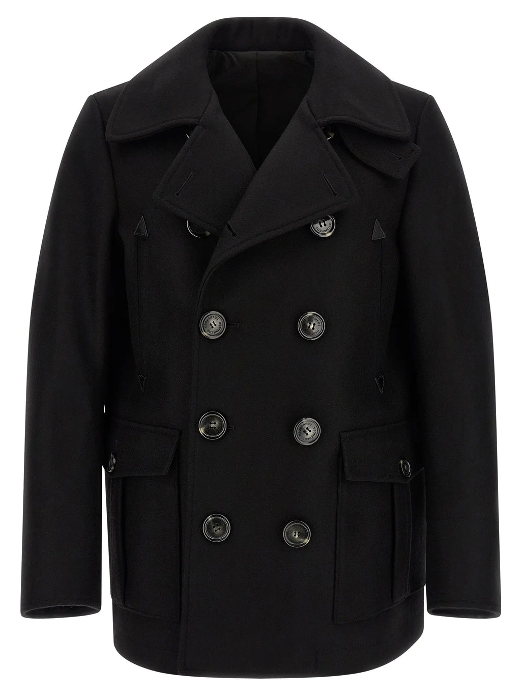 Manteau en laine noir dsquared² à double boutonnage avec boutons argentés et détails de rabats triangulaires