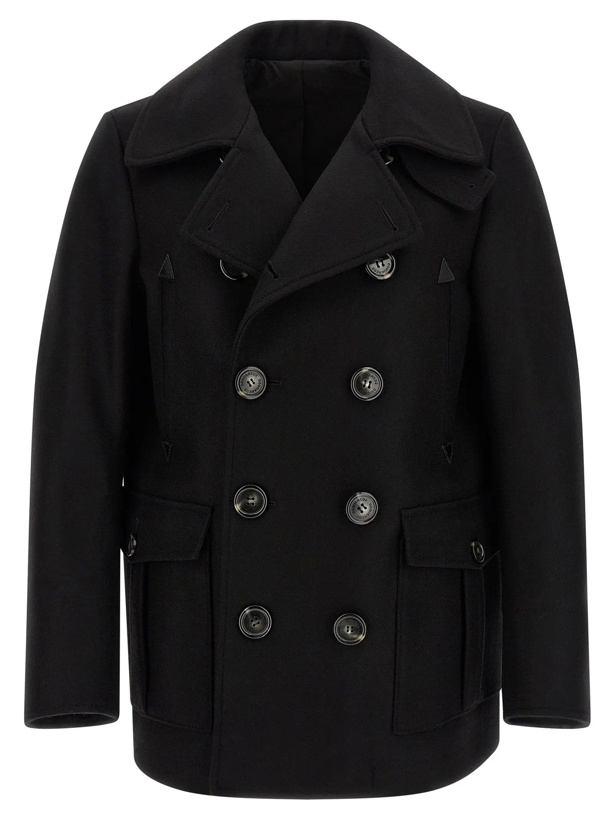 Manteau en laine noir dsquared² à double boutonnage avec boutons argentés et détails de rabats triangulaires