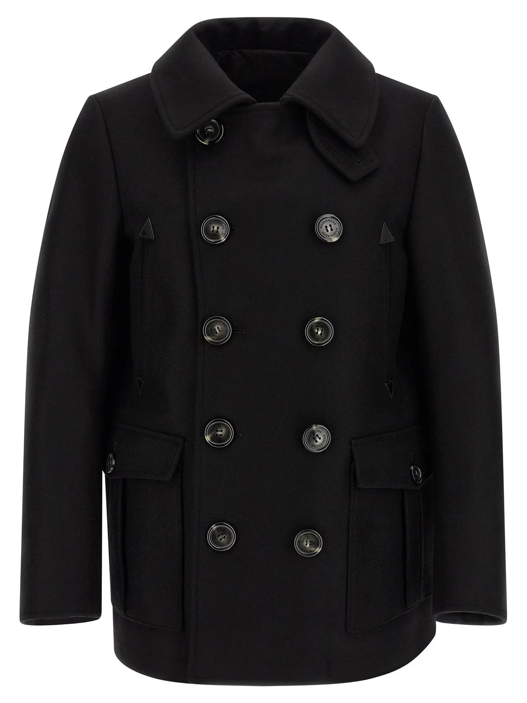 Manteau noir en laine dsquared² avec boutons argentés double boutonnage et col à revers notched