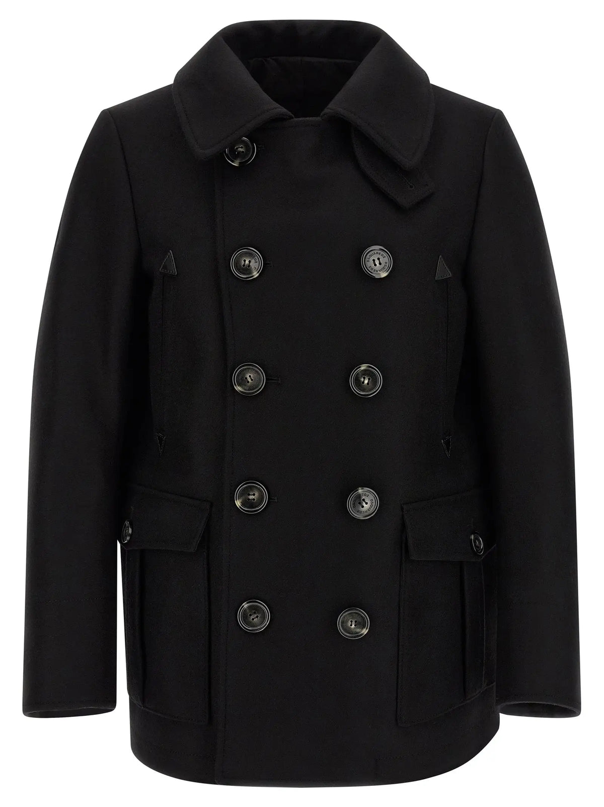 Manteau noir en laine dsquared² avec boutons argentés double boutonnage et col à revers notched