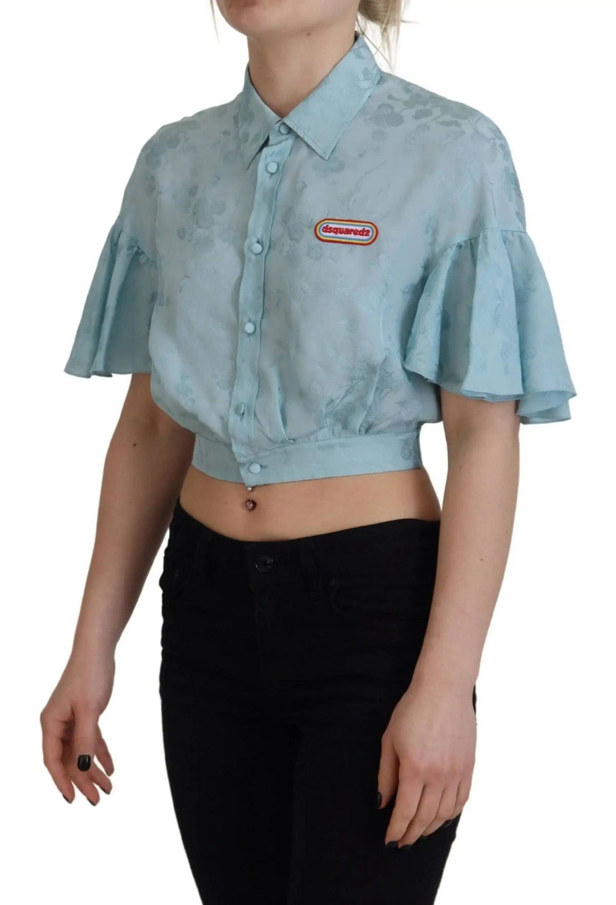 Chemise bleu clair cropped dsquared2 à manches courtes à volants avec logo sur la poitrine et motif subtil