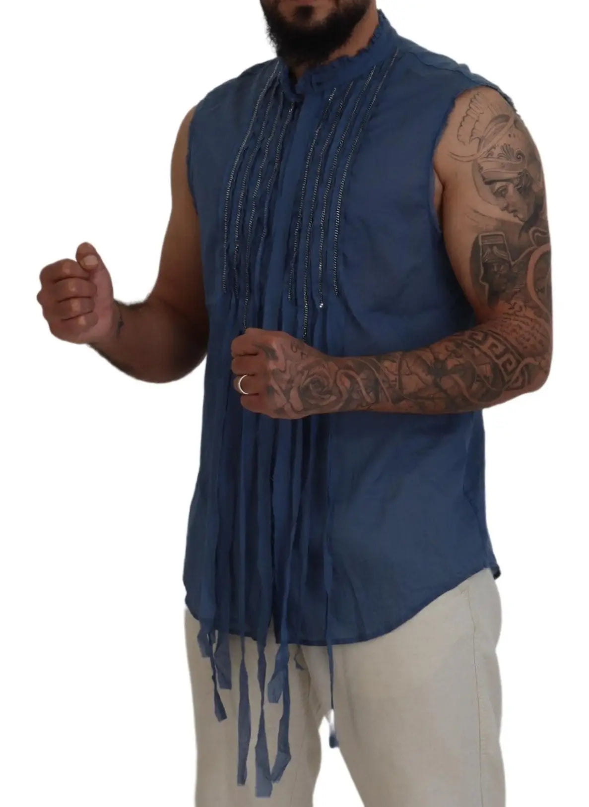 Chemise sans manches bleue en coton dsquared² avec détails à franges verticales et chaîne décorative au devant